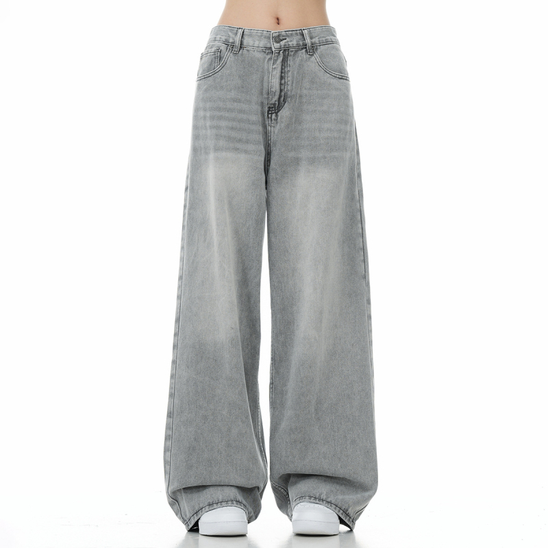 Férfi farmernadrág amerikai utcai stílusban, laza szabás, széles egyenes szár, kimosott denim, tavasz–ősz modell