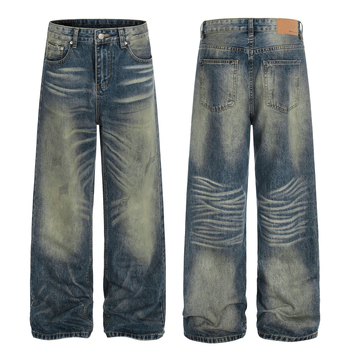 G6945 Amerikai utcai stílusú uniszex farmernadrág, magas minőségű mosott vintage kék denim