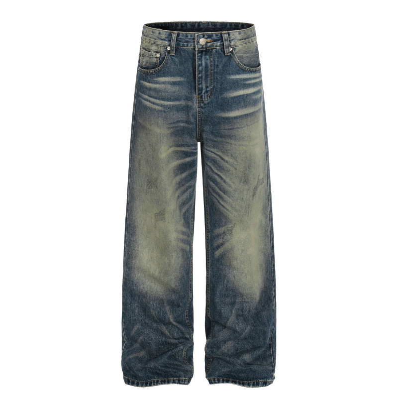G6945 Amerikai utcai stílusú uniszex farmernadrág, magas minőségű mosott vintage kék denim