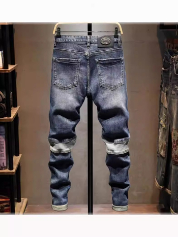 Férfi slim-fit farmer nadrág patchwork díszítéssel, High Street stílus, rugalmas denim, tavasz–ősz 2026