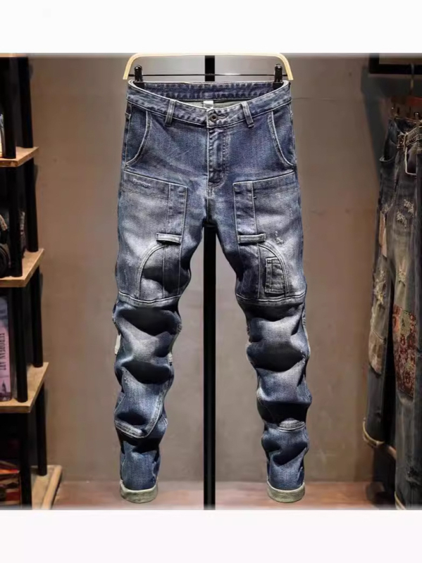 Férfi slim-fit farmer nadrág patchwork díszítéssel, High Street stílus, rugalmas denim, tavasz–ősz 2026