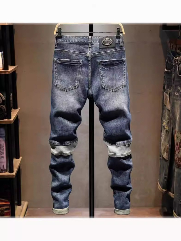 Férfi slim-fit farmer nadrág patchwork díszítéssel, High Street stílus, rugalmas denim, tavasz–ősz 2026
