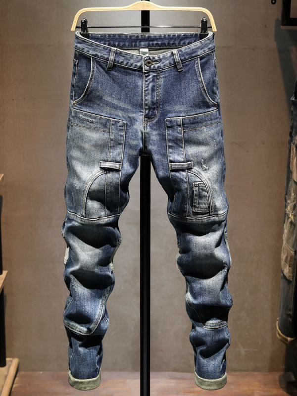 Férfi slim-fit farmer nadrág patchwork díszítéssel, High Street stílus, rugalmas denim, tavasz–ősz 2026