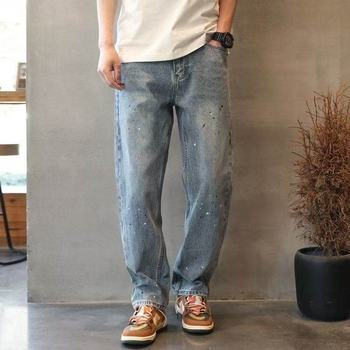 Muške traperice s prskanjem bojama, ravni slobodan kroj, denim, proljeće–jesen retro američki ulični stil