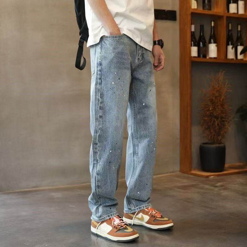 Muške traperice s prskanjem bojama, ravni slobodan kroj, denim, proljeće–jesen retro američki ulični stil