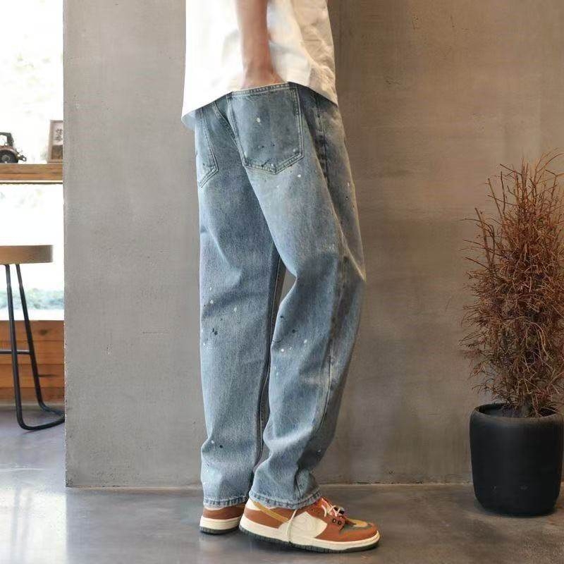 Muške traperice s prskanjem bojama, ravni slobodan kroj, denim, proljeće–jesen retro američki ulični stil