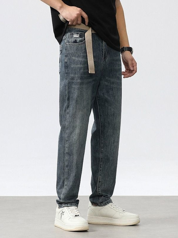 Férfi farmernadrág Koreai stílusban, laza szabású egyenes szárú, denim, mindennapi viselet, 2026-os modell