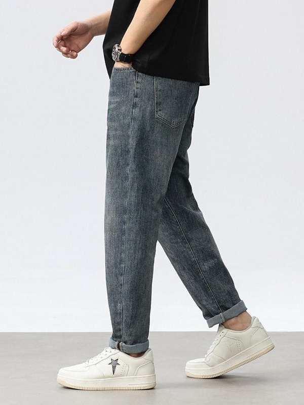Férfi farmernadrág Koreai stílusban, laza szabású egyenes szárú, denim, mindennapi viselet, 2026-os modell