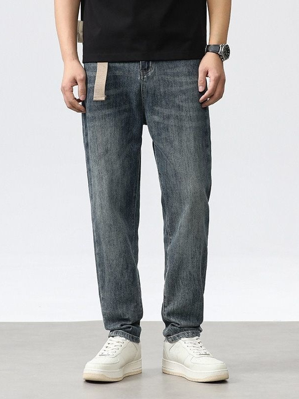 Férfi farmernadrág Koreai stílusban, laza szabású egyenes szárú, denim, mindennapi viselet, 2026-os modell