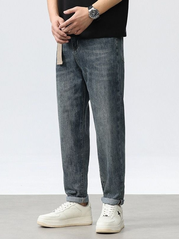 Férfi farmernadrág Koreai stílusban, laza szabású egyenes szárú, denim, mindennapi viselet, 2026-os modell