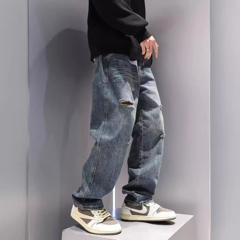 Muške iskidane traperice, vintage isprane, ležerni ravni kroj, američki high street stil