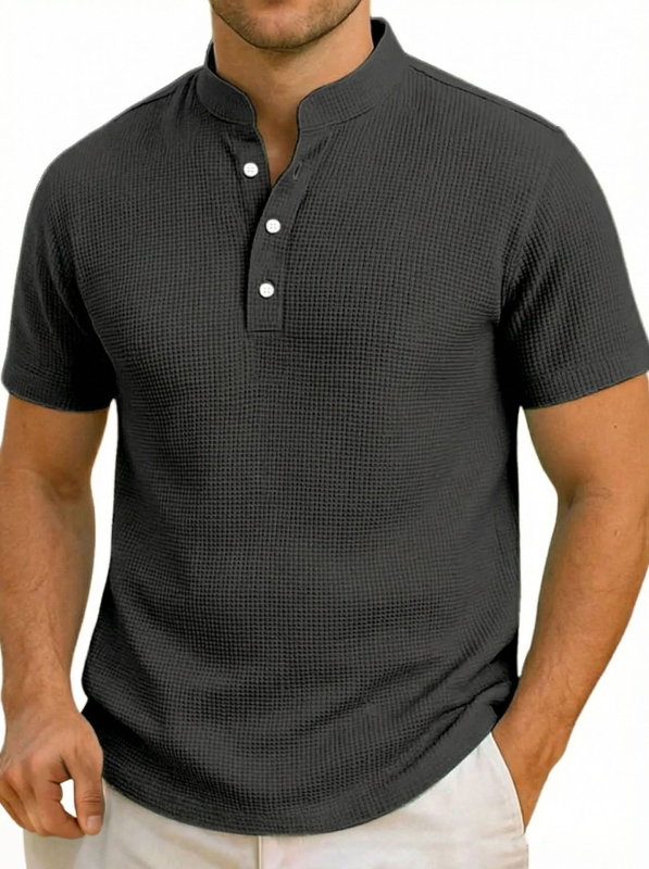 Férfi rövid ujjú polo cipzárral és álló gallérral, slim fit, kockás mintával