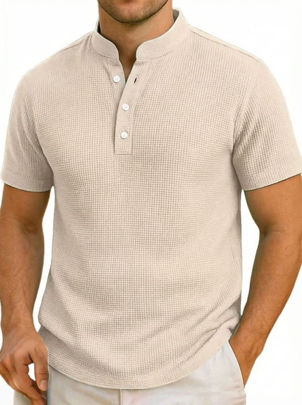 Férfi rövid ujjú polo cipzárral és álló gallérral, slim fit, kockás mintával