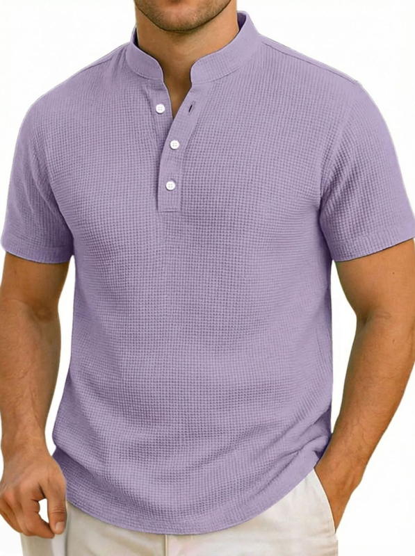 Férfi rövid ujjú polo cipzárral és álló gallérral, slim fit, kockás mintával
