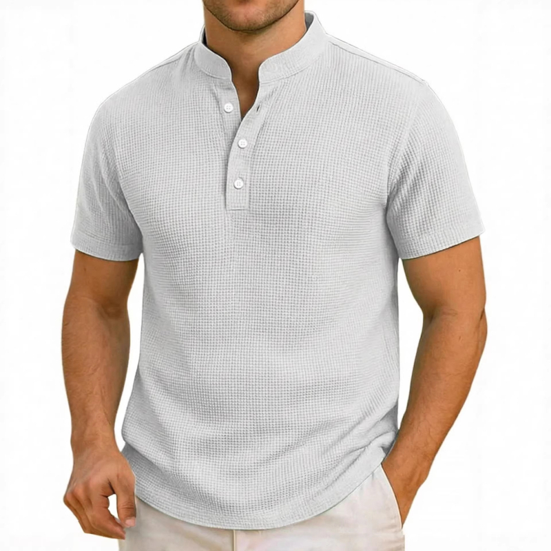 Férfi rövid ujjú polo cipzárral és álló gallérral, slim fit, kockás mintával