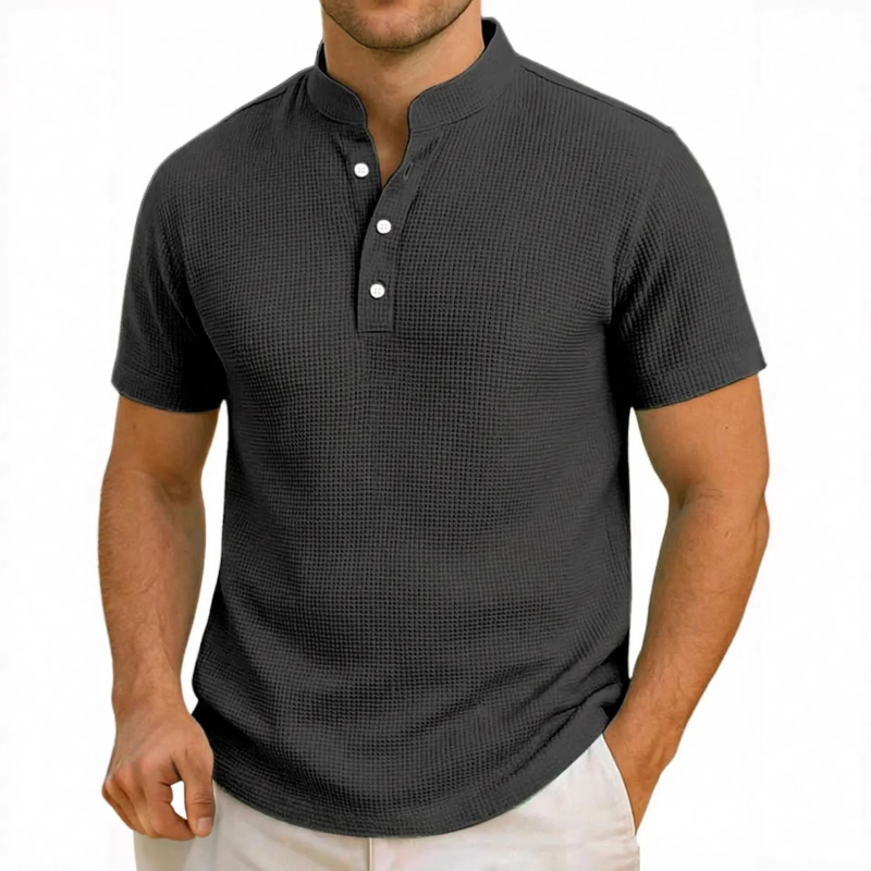 Férfi rövid ujjú polo cipzárral és álló gallérral, slim fit, kockás mintával