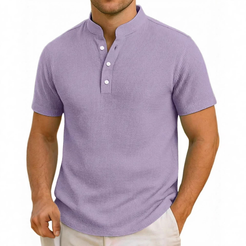 Férfi rövid ujjú polo cipzárral és álló gallérral, slim fit, kockás mintával