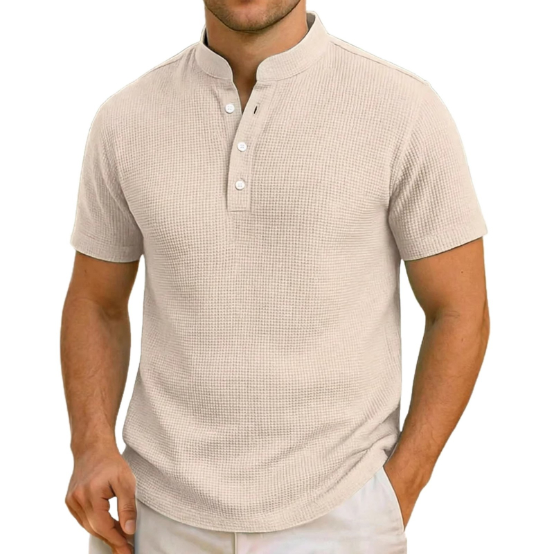 Férfi rövid ujjú polo cipzárral és álló gallérral, slim fit, kockás mintával