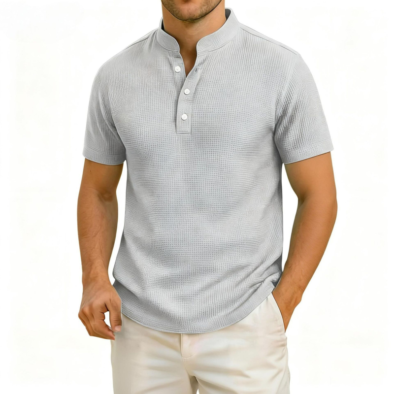 Férfi rövid ujjú polo cipzárral és álló gallérral, slim fit, kockás mintával