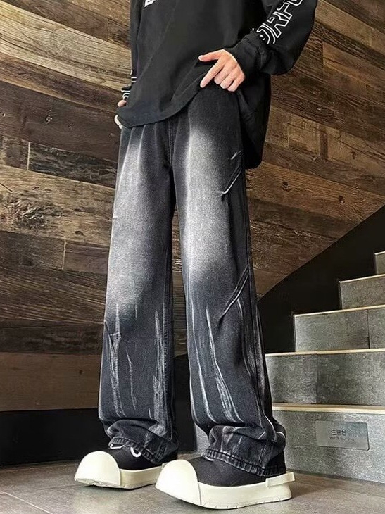 Amerikai stílusú retro denim nadrág, tie-dye gradációval, széles fazon, lazán szabott, férfiaknak