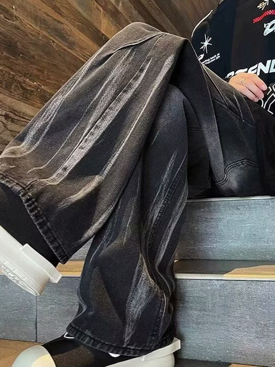 Amerikai stílusú retro denim nadrág, tie-dye gradációval, széles fazon, lazán szabott, férfiaknak