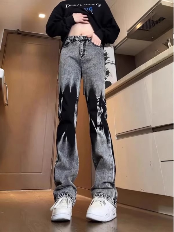 Férfi farmernadrág tie-dye gradienttel, vintage mosott, mikro-széles szárú, egyenes szabású