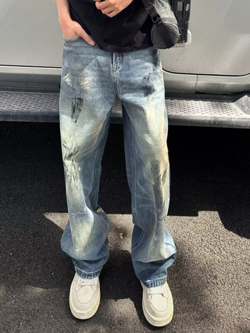 Férfi tie-dye farmernadrág amerikai divatmárkától, 2025-ös új dizájn, városi streetwear stílus, egyenes fazon, lazán szabott, széles szárú