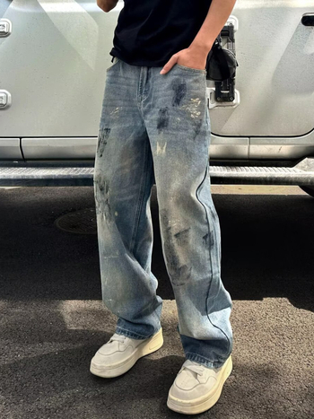 Férfi tie-dye farmernadrág amerikai divatmárkától, 2025-ös új dizájn, városi streetwear stílus, egyenes fazon, lazán szabott, széles szárú