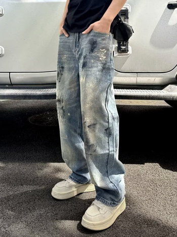 Férfi tie-dye farmernadrág amerikai divatmárkától, 2025-ös új dizájn, városi streetwear stílus, egyenes fazon, lazán szabott, széles szárú