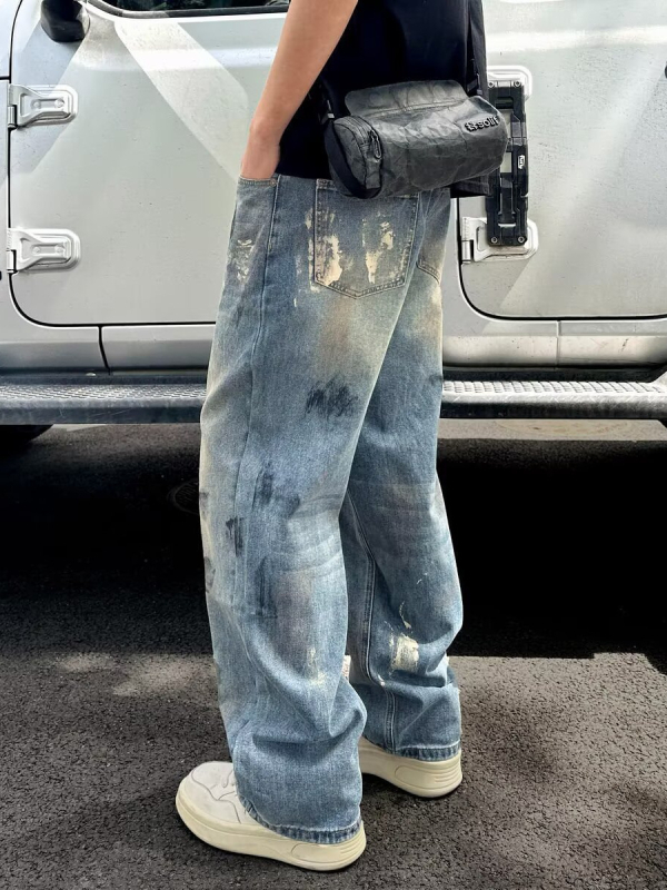 Férfi tie-dye farmernadrág amerikai divatmárkától, 2025-ös új dizájn, városi streetwear stílus, egyenes fazon, lazán szabott, széles szárú