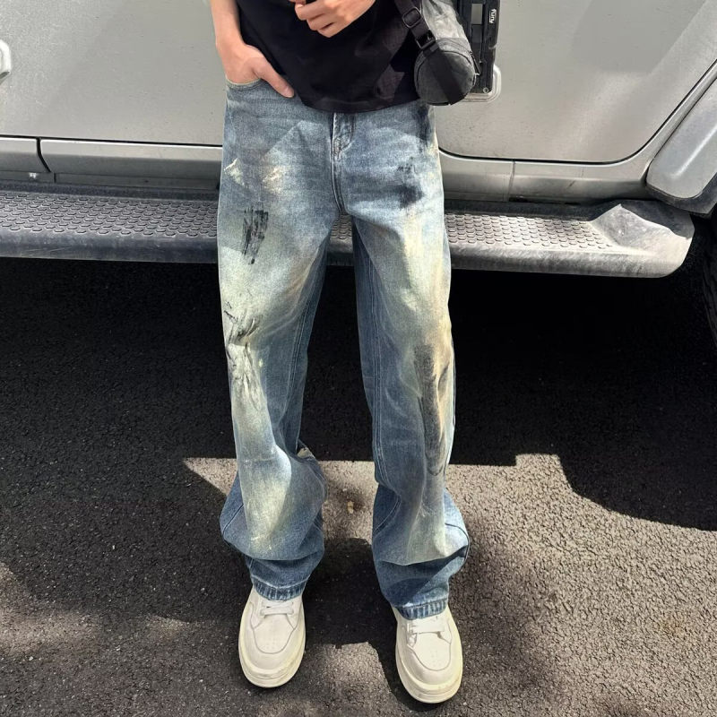 Férfi tie-dye farmernadrág amerikai divatmárkától, 2025-ös új dizájn, városi streetwear stílus, egyenes fazon, lazán szabott, széles szárú