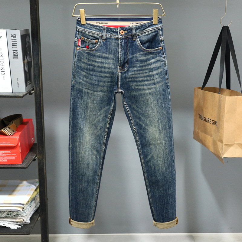 Férfi farmernadrág denimből, hímzéssel és nyomtatott mintával, slim fit, őszi mindennapi viselet