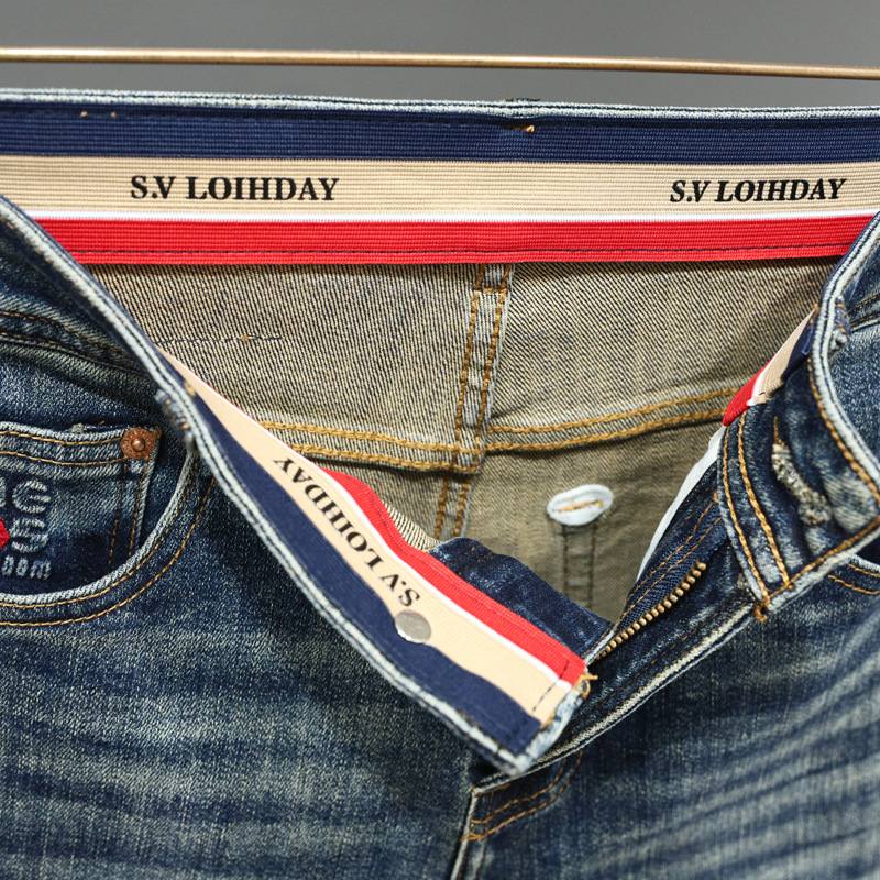Férfi farmernadrág denimből, hímzéssel és nyomtatott mintával, slim fit, őszi mindennapi viselet