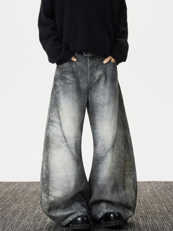 Mosott vintage tie-dye farmernadrág, karcsúsító fazon, dekonstrukciós dizájn, ívelt szárú széles szabású, uniszex