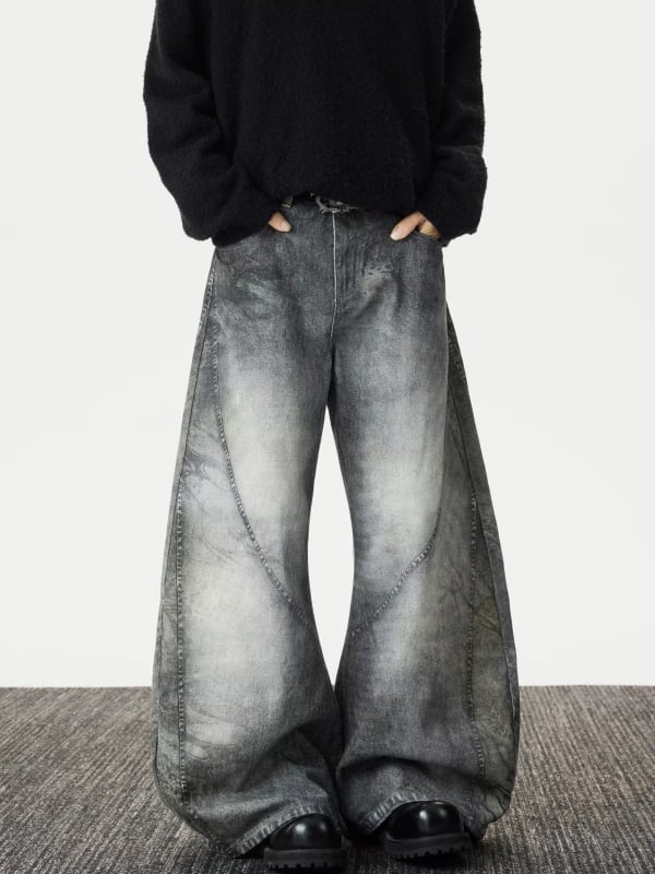 Mosott vintage tie-dye farmernadrág, karcsúsító fazon, dekonstrukciós dizájn, ívelt szárú széles szabású, uniszex