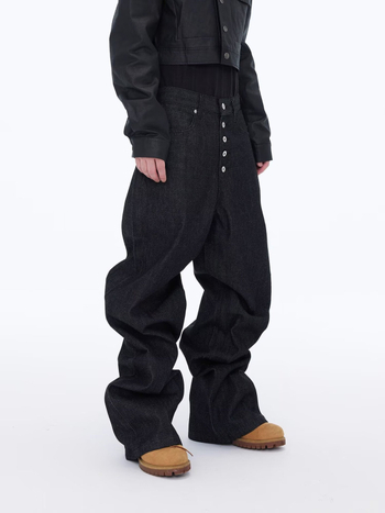 Férfi denimnadrág retro mosott kivitelben, gombos dizájnnal, utcai stílus, laza szabás, széles szárú