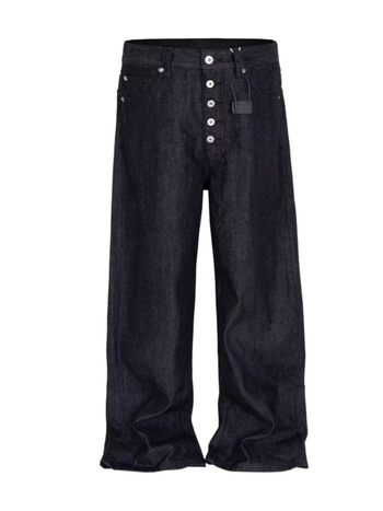 Férfi denimnadrág retro mosott kivitelben, gombos dizájnnal, utcai stílus, laza szabás, széles szárú