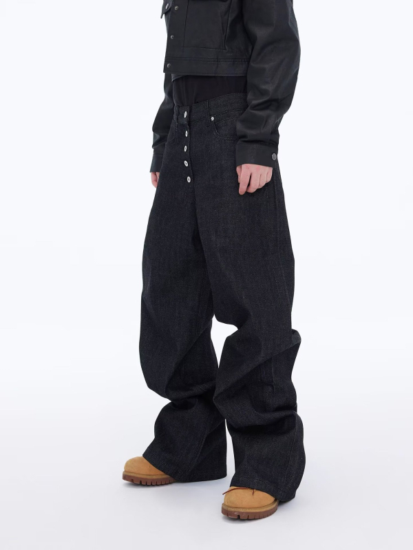 Férfi denimnadrág retro mosott kivitelben, gombos dizájnnal, utcai stílus, laza szabás, széles szárú