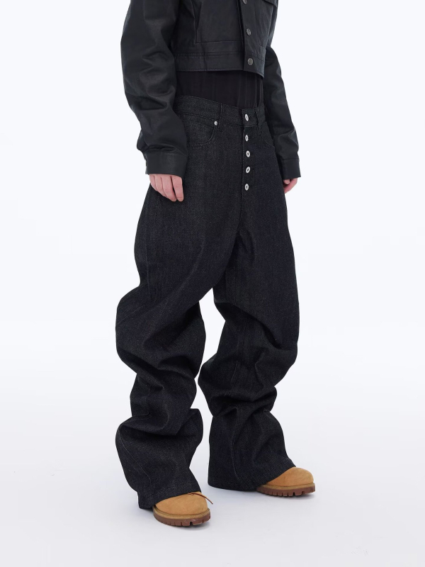 Férfi denimnadrág retro mosott kivitelben, gombos dizájnnal, utcai stílus, laza szabás, széles szárú