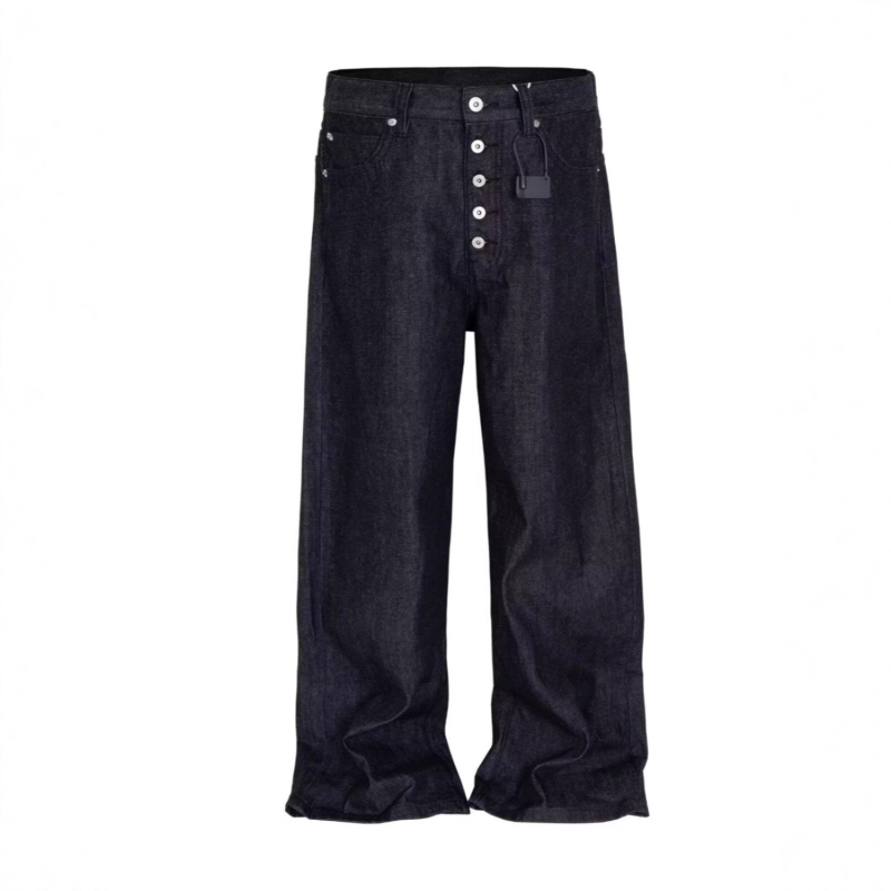 Férfi denimnadrág retro mosott kivitelben, gombos dizájnnal, utcai stílus, laza szabás, széles szárú