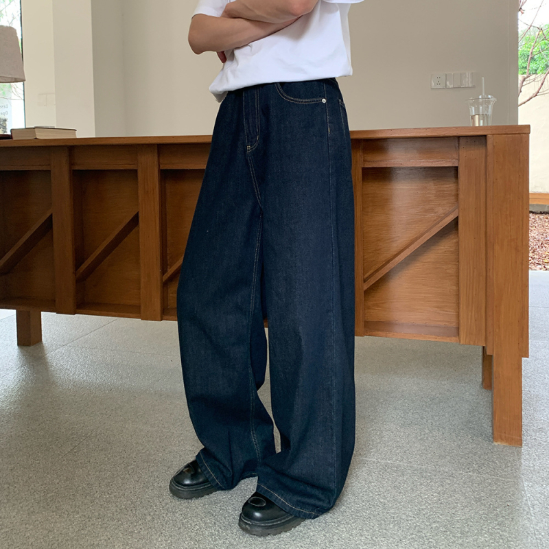Férfi sötétkék farmernadrág, széles a szabás, vintage Maillard, koreai stílus, ősz, laza, casual, padlóig érő