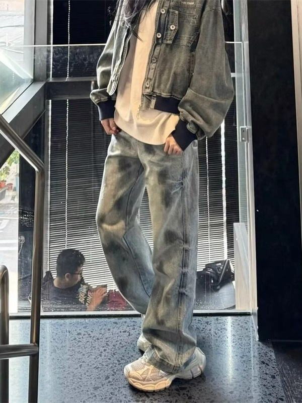 Férfi denim nadrág, amerikai utcai stílus, Splash Ink mintával, kimosott, középmagas derekú, egyenes szabás