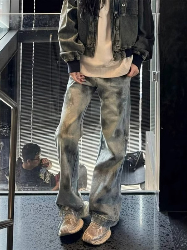 Férfi denim nadrág, amerikai utcai stílus, Splash Ink mintával, kimosott, középmagas derekú, egyenes szabás