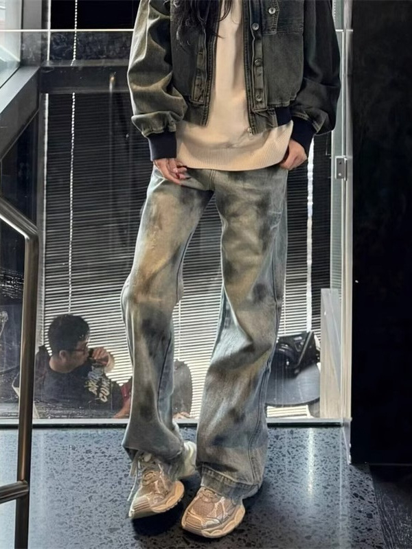 Férfi denim nadrág, amerikai utcai stílus, Splash Ink mintával, kimosott, középmagas derekú, egyenes szabás
