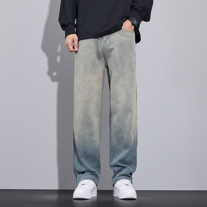 Férfiaknak gradientos, lazított farmernadrág, retro streetwear Márka, mosott, kopott hatás, sokoldalú széles szárú nadrág, új modell