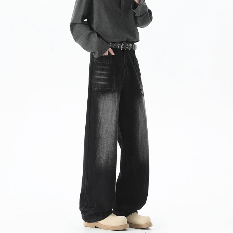 Wolf in the Clouds Amerikai retro fekete gradient mosott farmernadrág férfiaknak, laza szabású, egyenes szár, streetwear városi stílus