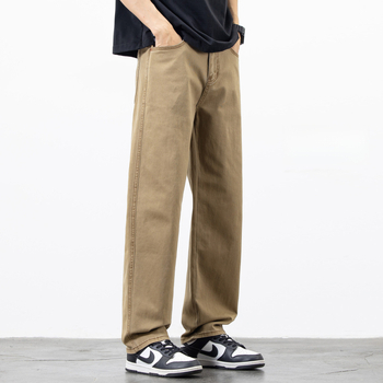 Férfiak számára tervezett elasztikus farmerek, egyenes szárú, lazább fazon, modern amerikai casual stílus, plusz méret, khaki színű hosszúnadrág, új modell