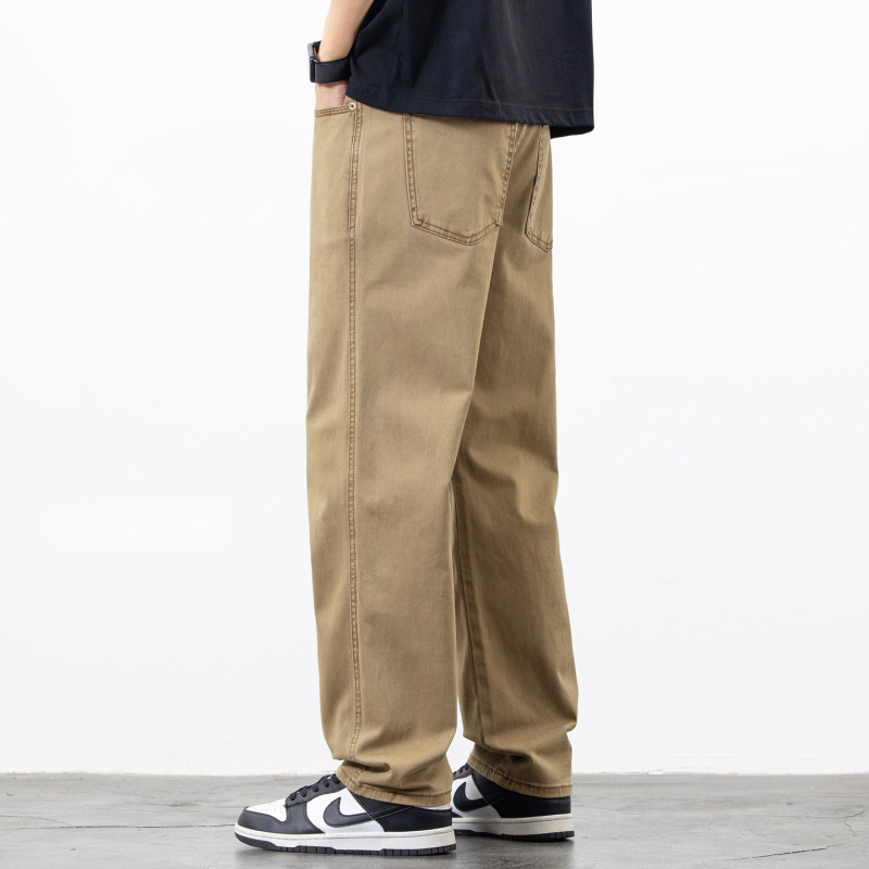 Férfiak számára tervezett elasztikus farmerek, egyenes szárú, lazább fazon, modern amerikai casual stílus, plusz méret, khaki színű hosszúnadrág, új modell