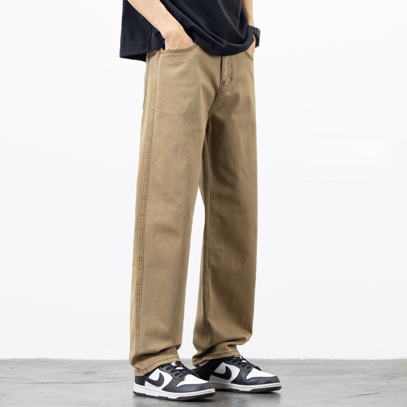 Férfiak számára tervezett elasztikus farmerek, egyenes szárú, lazább fazon, modern amerikai casual stílus, plusz méret, khaki színű hosszúnadrág, új modell