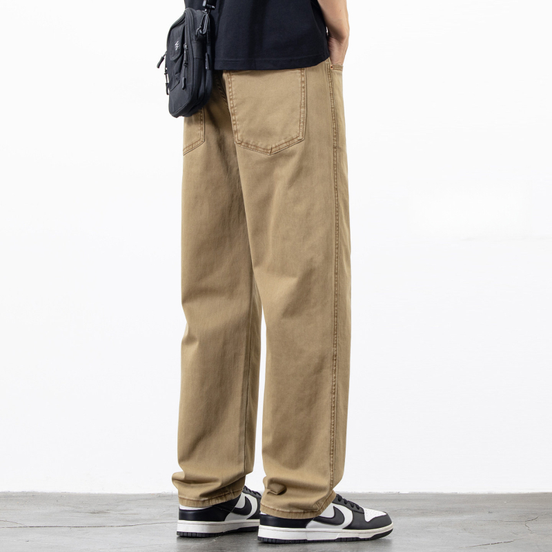 Férfiak számára tervezett elasztikus farmerek, egyenes szárú, lazább fazon, modern amerikai casual stílus, plusz méret, khaki színű hosszúnadrág, új modell